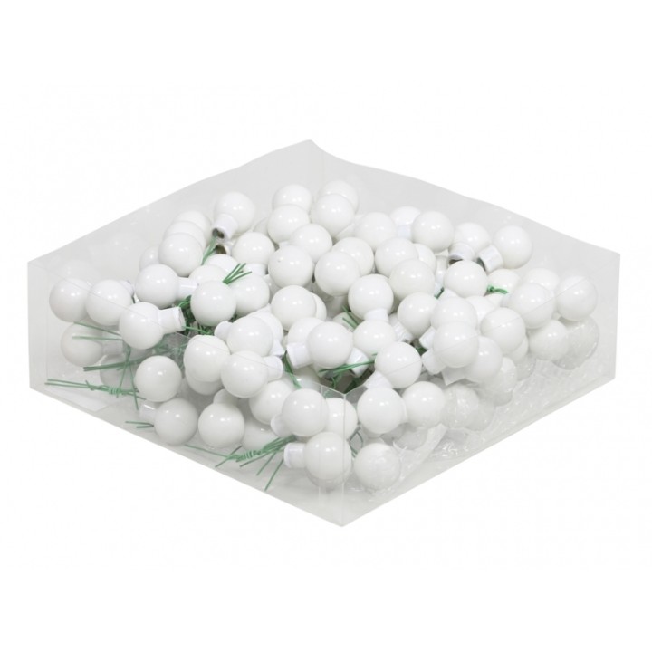 A clear bag filled with numerous small white balls attached to green wire stems.