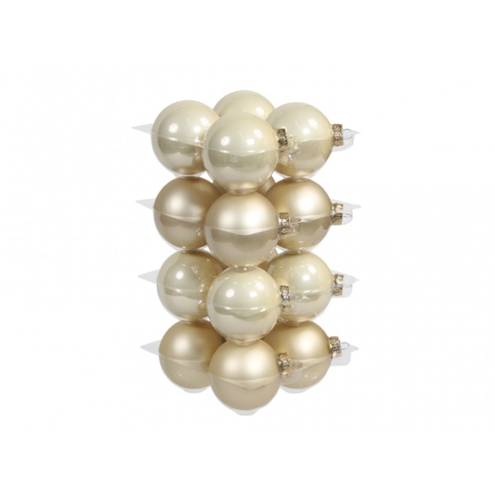 A stack of glossy cream-colored ornaments with a smooth, shiny finish.