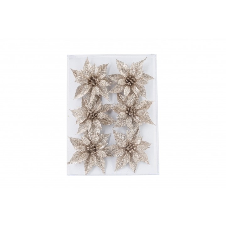 Zes glinsterende gouden bloemen op een witte achtergrond, met een delicate, feestelijke uitstraling.