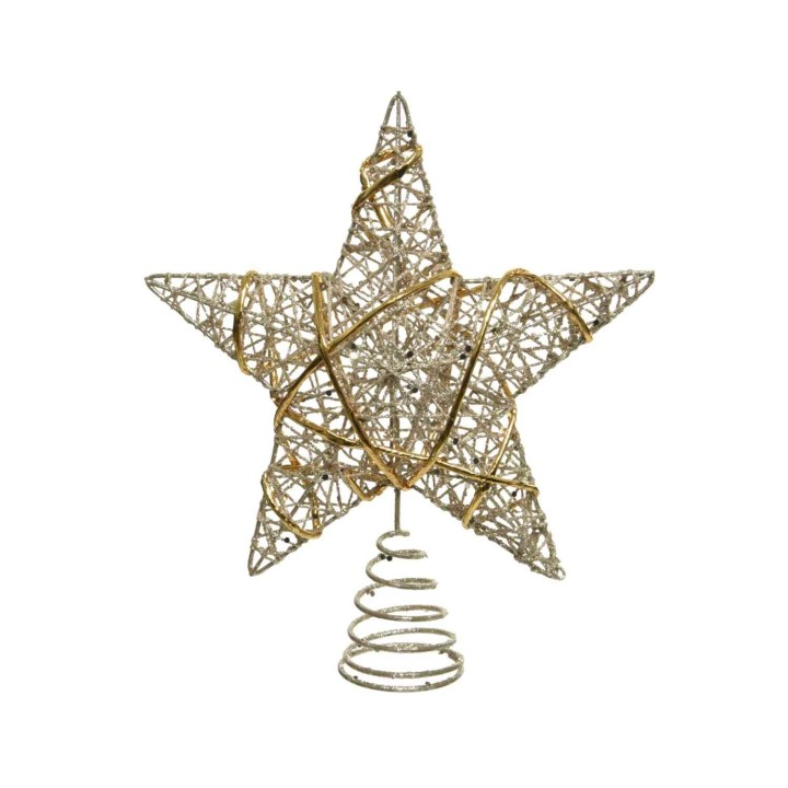 A decorative metallic star with intricate wire patterns and a golden finish.