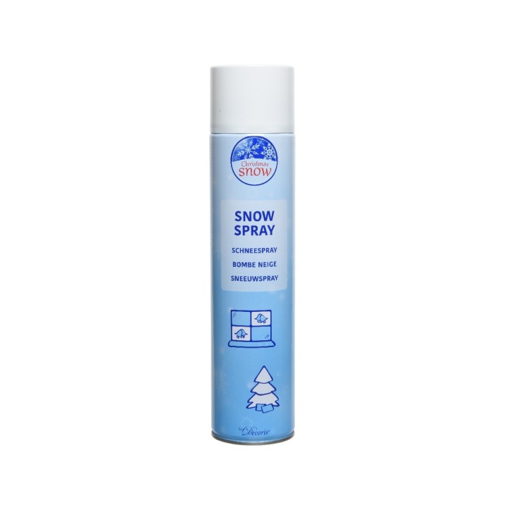 A tall can of snow spray, light blue with white accents, features a winter-themed label.