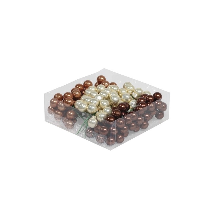 A clear box filled with shiny brown and creamy white decorative beads.