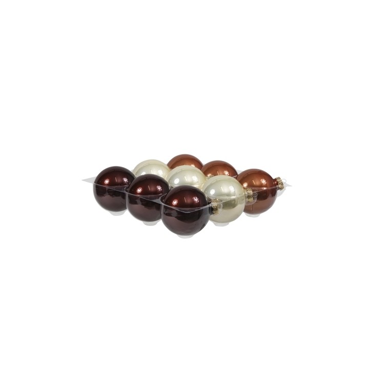 A cluster of shiny, round ornaments in deep red, cream, and copper hues.