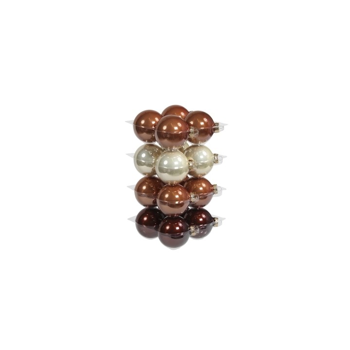 A stack of shiny, spherical ornaments in brown, bronze, and cream tones.