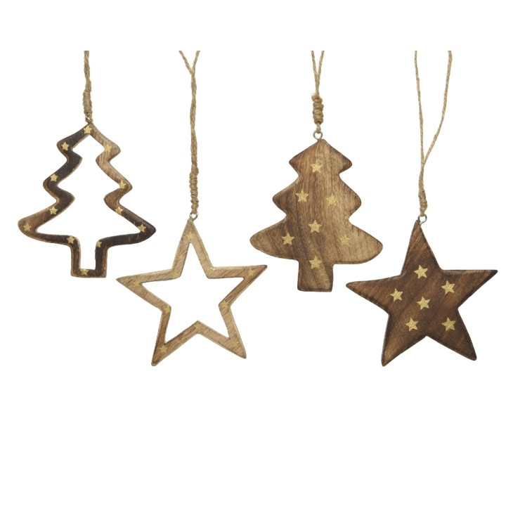 Wooden holiday ornaments in tree and star shapes, adorned with gold stars and tied with twine.