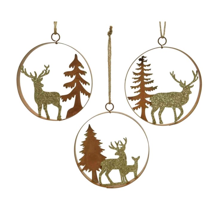 Three circular ornaments featuring deer and trees in gold and glittery brown.