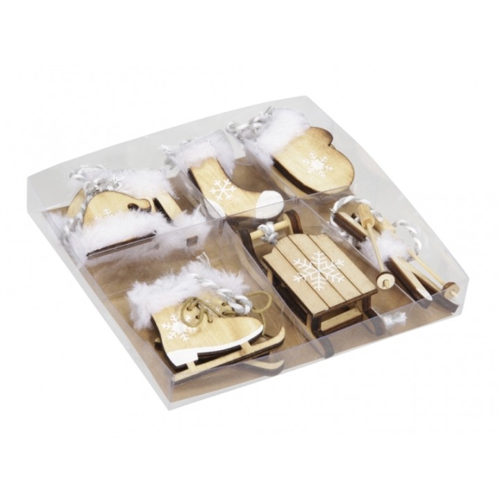 Wooden sleigh ornaments with white fluff, arranged in a clear box, perfect for festive decor.
