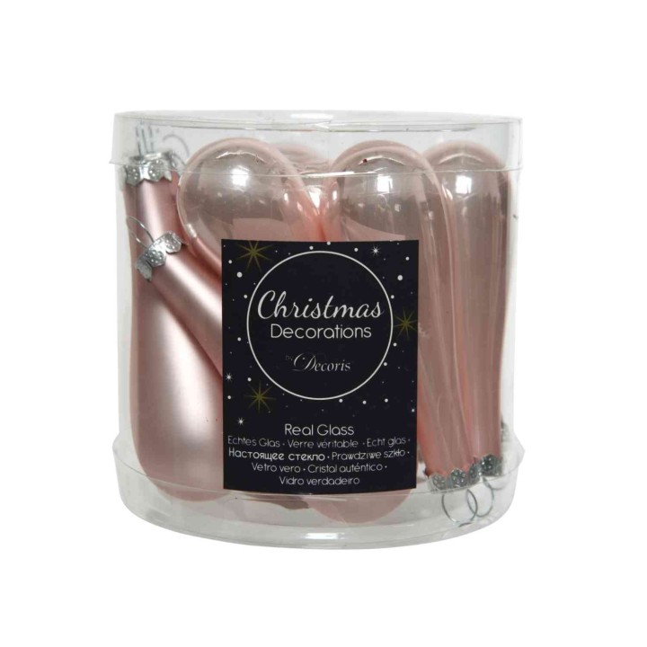 A clear container holds elegant pink glass Christmas ornaments with silver accents.
