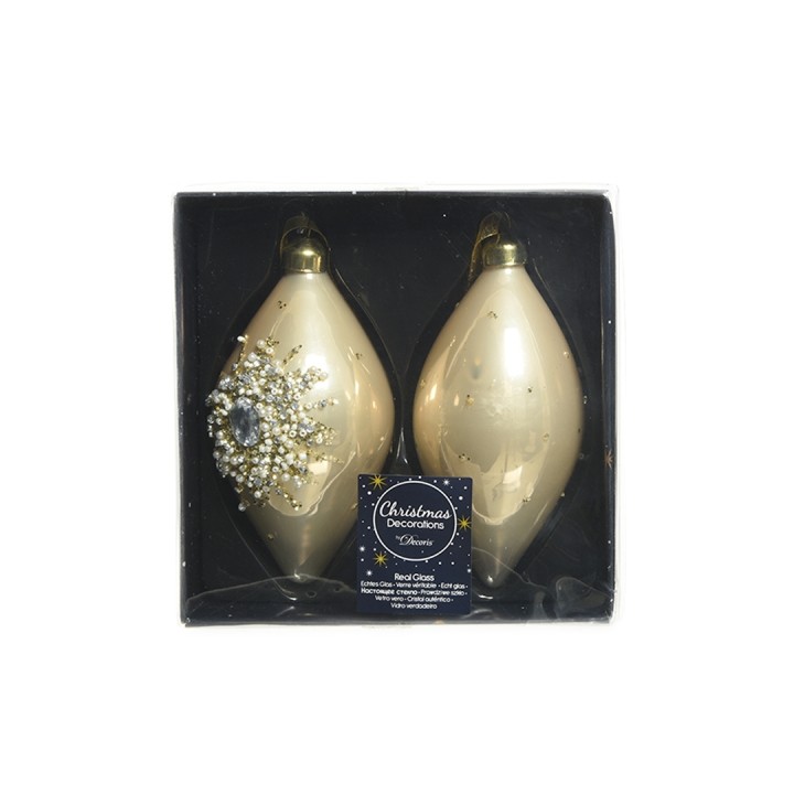 Two elegant, gold Christmas ornaments in a gift box, adorned with a jeweled snowflake design.