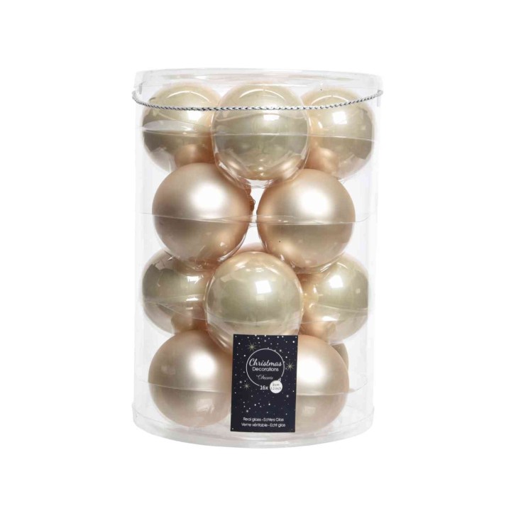 A transparent container holds twelve shiny, metallic gold and champagne ornaments.