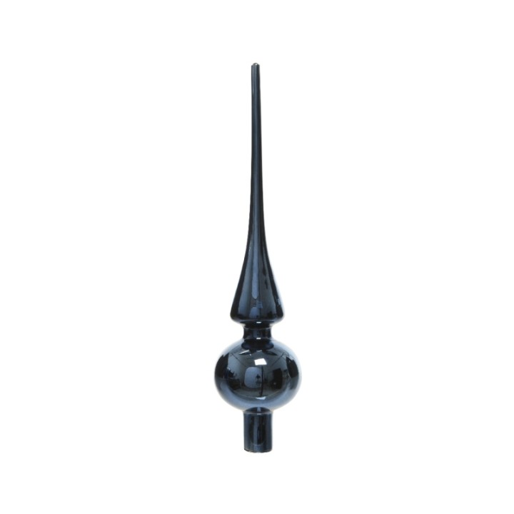 A sleek, elongated black glass ornament with a rounded base and a pointed top.