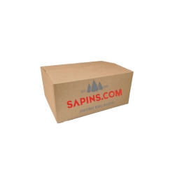 Colis en carton marron avec logo rouge, style minimaliste et moderne.