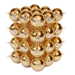 A geometric arrangement of shiny gold spheres stacked in a 3D pattern.