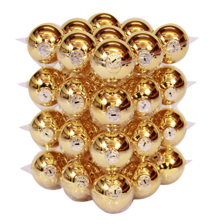 A geometric arrangement of shiny gold spheres stacked in a 3D pattern.