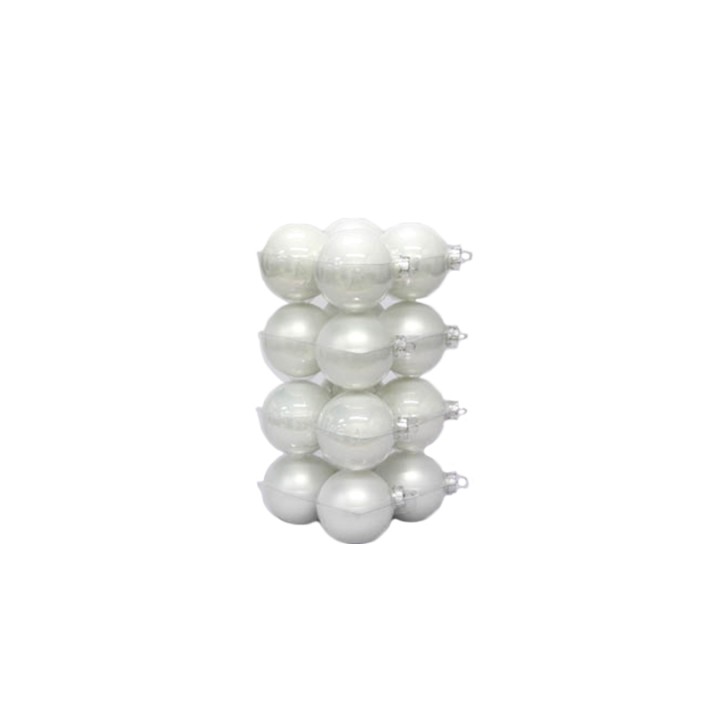 A stack of shiny, white spherical ornaments with a smooth surface.