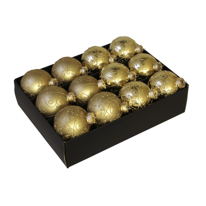 Twelve elegant gold Christmas ornaments with intricate designs, neatly arranged in a black box.
