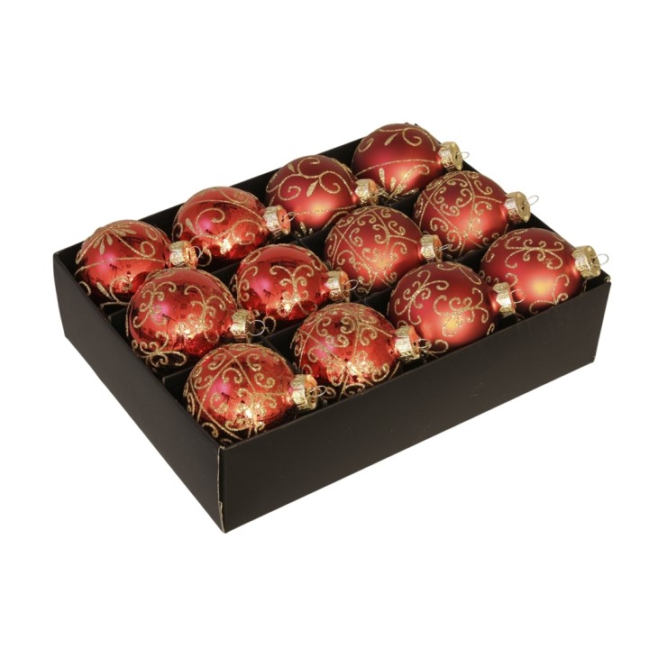 A box of 15 elegant red Christmas ornaments with gold swirls and patterns.