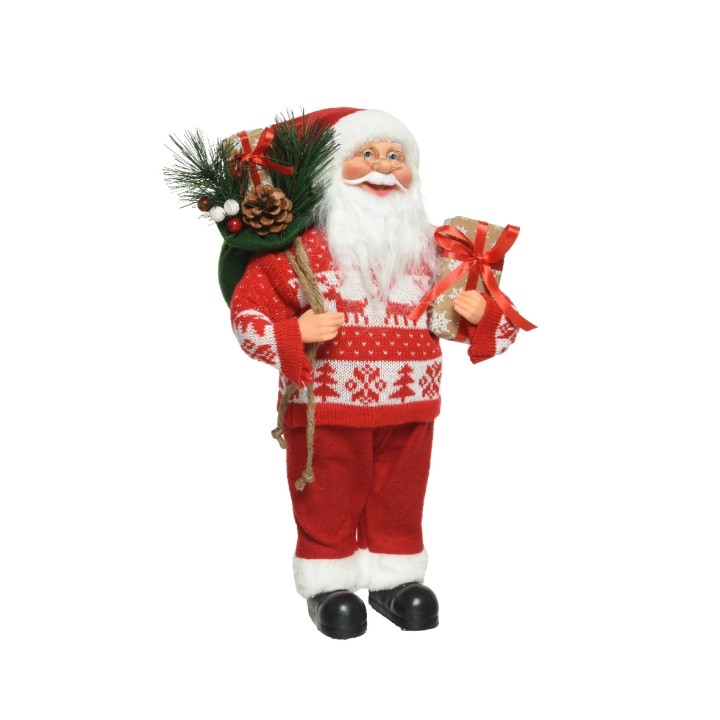 Klassieke kerstman in rode outfit met witte baard, draagt een zak met cadeaus en decoraties.