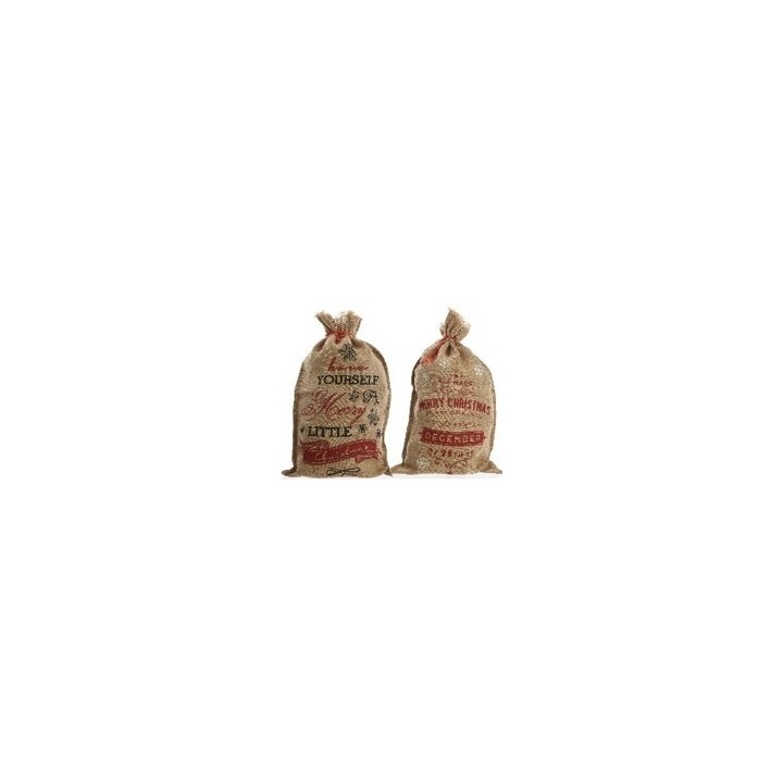 Two burlap sacks adorned with vintage-style holiday designs in red and green.