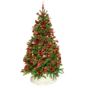 Groene kerstboom versierd met rode ballen, bloemen en gouden slingers in een witte mand.