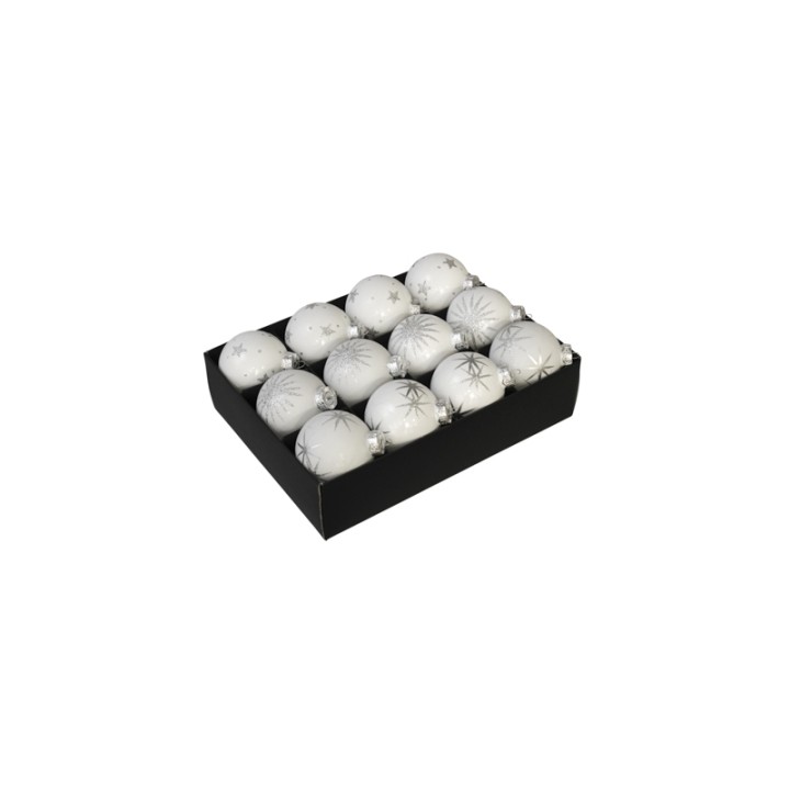 Twaalf witte kerstballen met stermotief in een zwarte doos. Elegant en feestelijk.