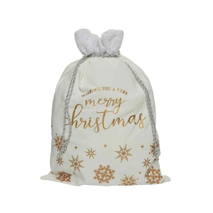 Witte zak met gouden tekst en sneeuwvlokken, feestelijk en warm voor kerstcadeaus.