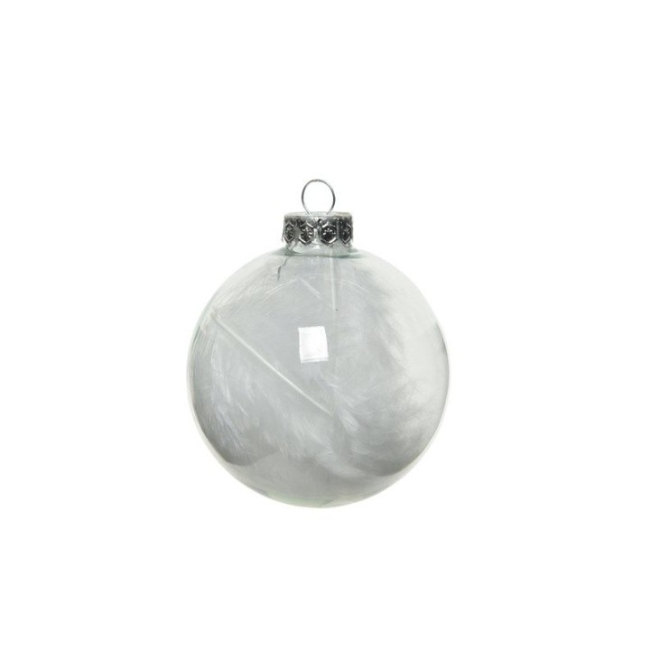 Transparante kerstbal met een zilveren bovenstuk, gevuld met witte veren.