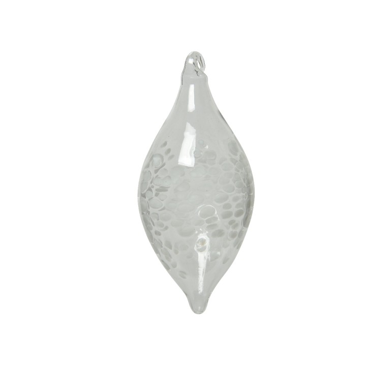 Een transparante, glanzende glazen ornament in een elegante, langwerpige vorm.