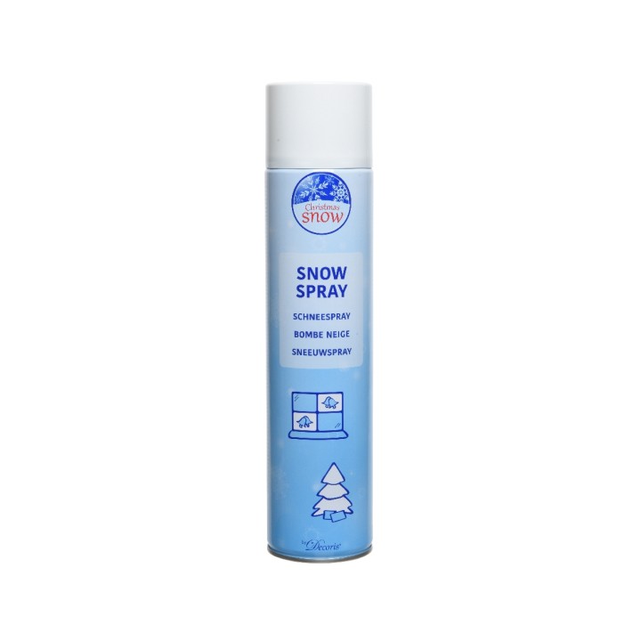 A tall, cylindrical can with a light blue design and white cap, labeled "Snow Spray."