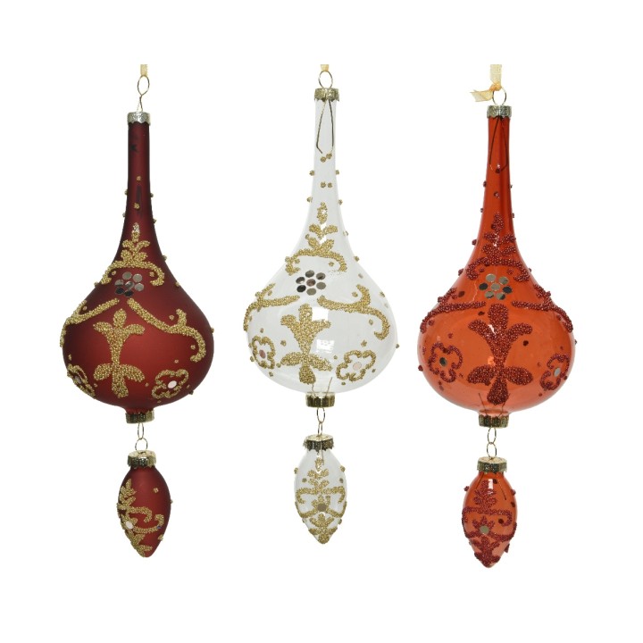 Drie decoratieve kerstballen in verschillende vormen en kleuren, versierd met gouden details.