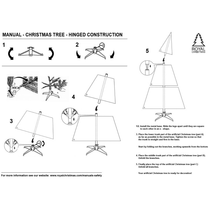 A step-by-step manual for assembling a hinged Christmas tree, featuring simple illustrations.