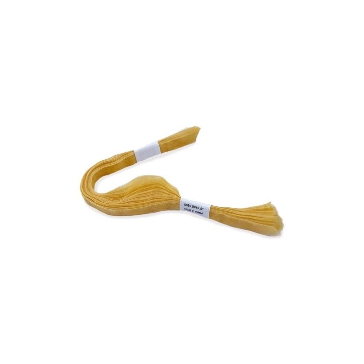 A bundle of yellow embroidery floss, neatly twisted with a label on one end.