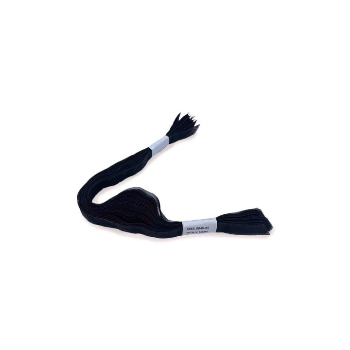 A single strand of dark black embroidery floss, neatly twisted with a label.