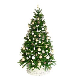 A lush green Christmas tree adorned with gold and white ornaments, set in a woven basket.