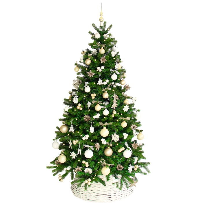 A lush green Christmas tree adorned with gold and white ornaments, set in a woven basket.