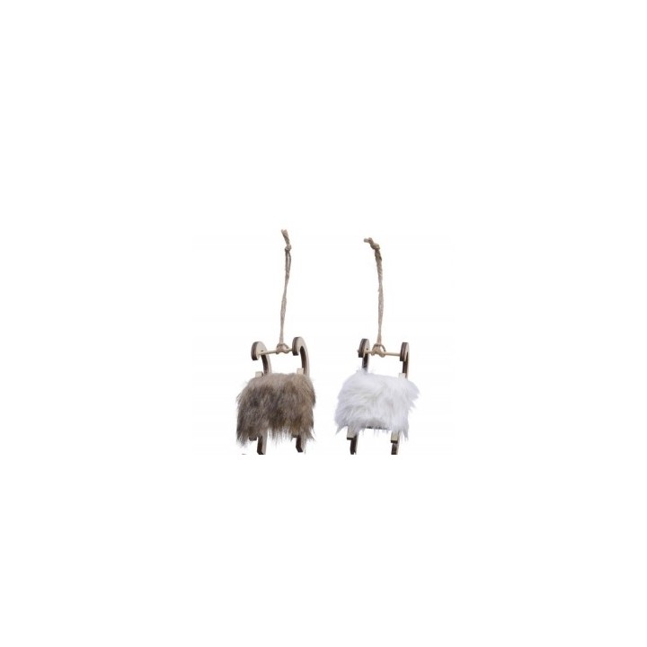 Two small wooden sleds with fluffy brown and white fur, hanging by twine.