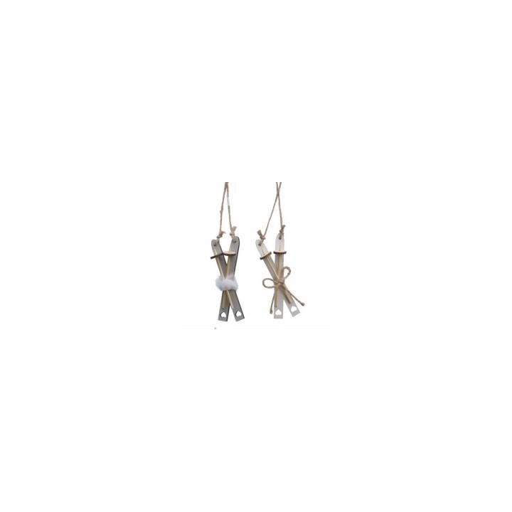 Two wooden ski decorations with twine, one adorned with a fluffy white pom-pom.