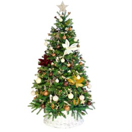 Sapins décoré de boules dorées, blanches et rouges, avec une étoile en haut et un panier en o...