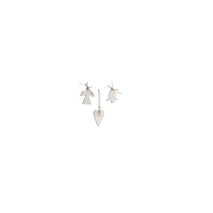 Three simple white wooden ornaments: an angel, a tree, and a heart, tied with twine.