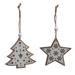 Two wooden holiday ornaments: a tree and a star, both with cut-out designs and twine hangers.