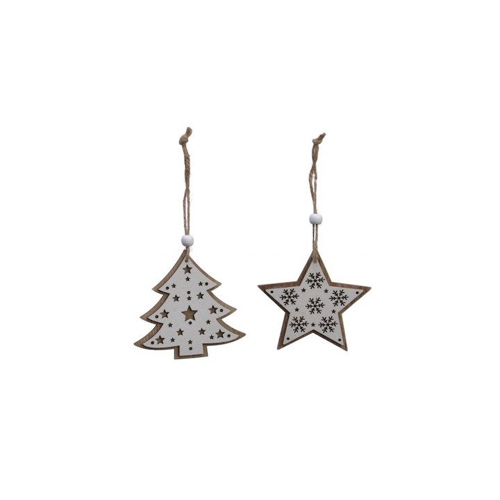 Two wooden holiday ornaments: a tree and a star, both with cut-out designs and twine hangers.