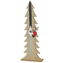 Houten groeimeter in de vorm van een kerstboom met een schattige rendierfiguur.