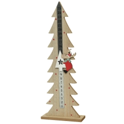 Arbre en bois sculpté, décoré d'un renne et d'étoiles, avec une règle de mesure intégrée.