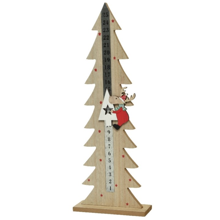 A wooden Christmas tree growth chart with a playful reindeer and star embellishments.
