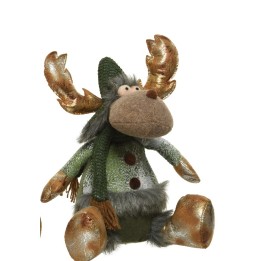 A plush moose with shiny antlers, wearing a green hat and scarf, and a cozy outfit.