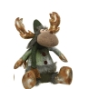 A plush moose with shiny antlers, wearing a green hat and scarf, and a cozy outfit.
