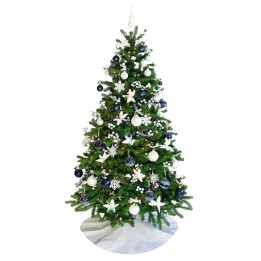 A festive green Christmas tree adorned with blue and white ornaments and snowflakes.