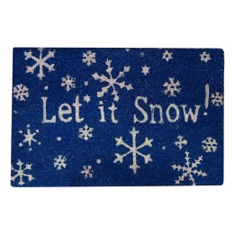 Tapis bleu avec des flocons de neige blancs et l'inscription "Let it Snow !" en lettres claires.