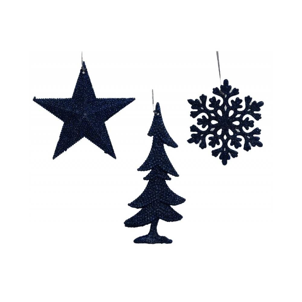 3 Kersthangers ster-boom-vlokje nachtblauw
