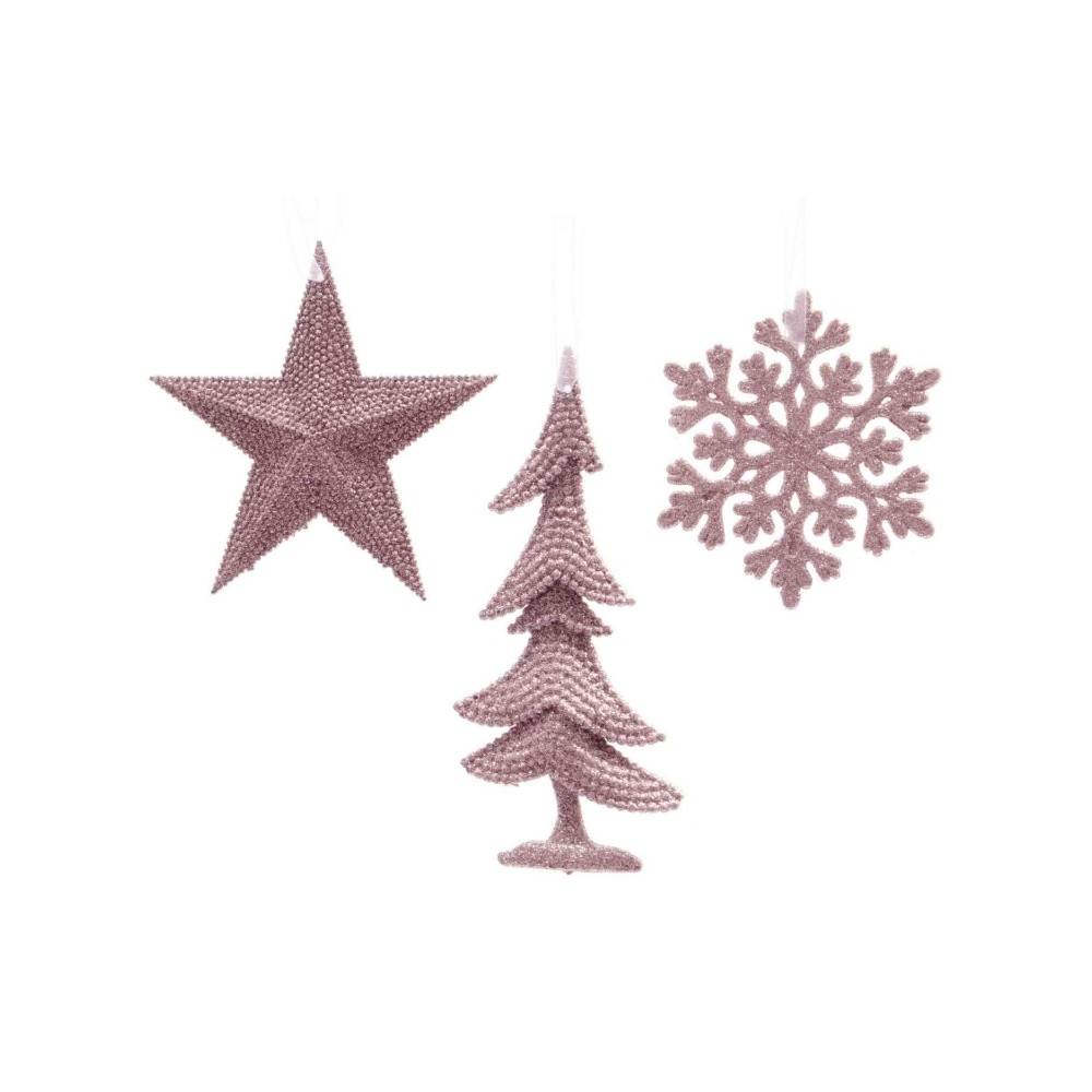 3 figuurtjes poederroos sneeuwvlok, ster en boom, 10,5cm